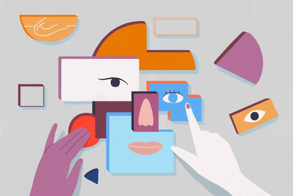 Illustrasjon av et ansikt i mange deler, former og farger